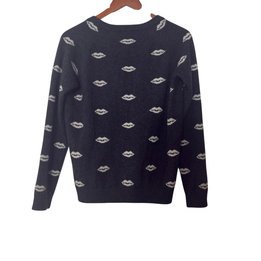MINNIE ROSE 100% Cashmere Lip Print Sweater Black V-Neck Size XS - Picture 2 of 7
